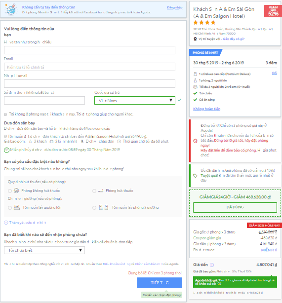 Điền đầy đủ thông tin cá nhân theo mẫu của Agoda